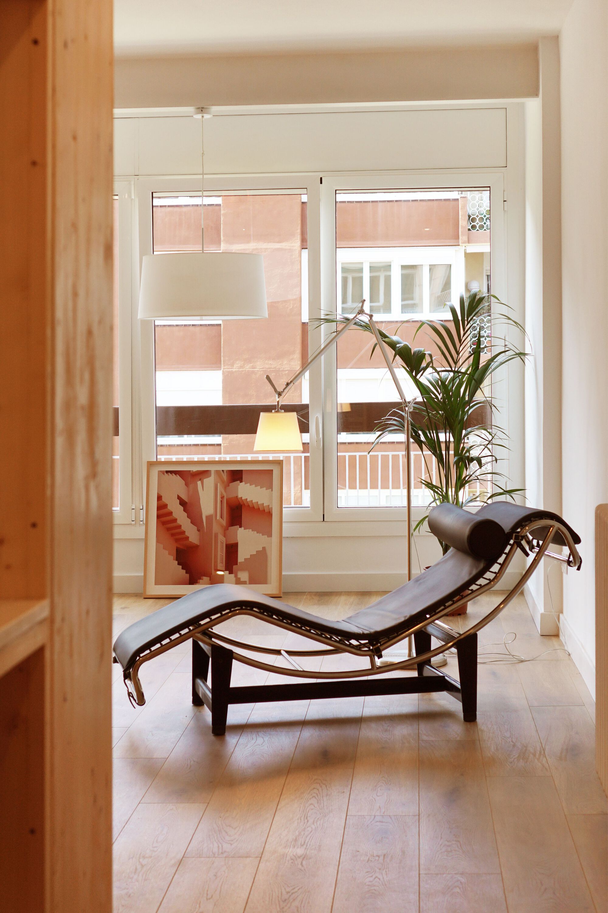 Blonde timber doorframe leading to a sunlit room with glazed doors and potted plants