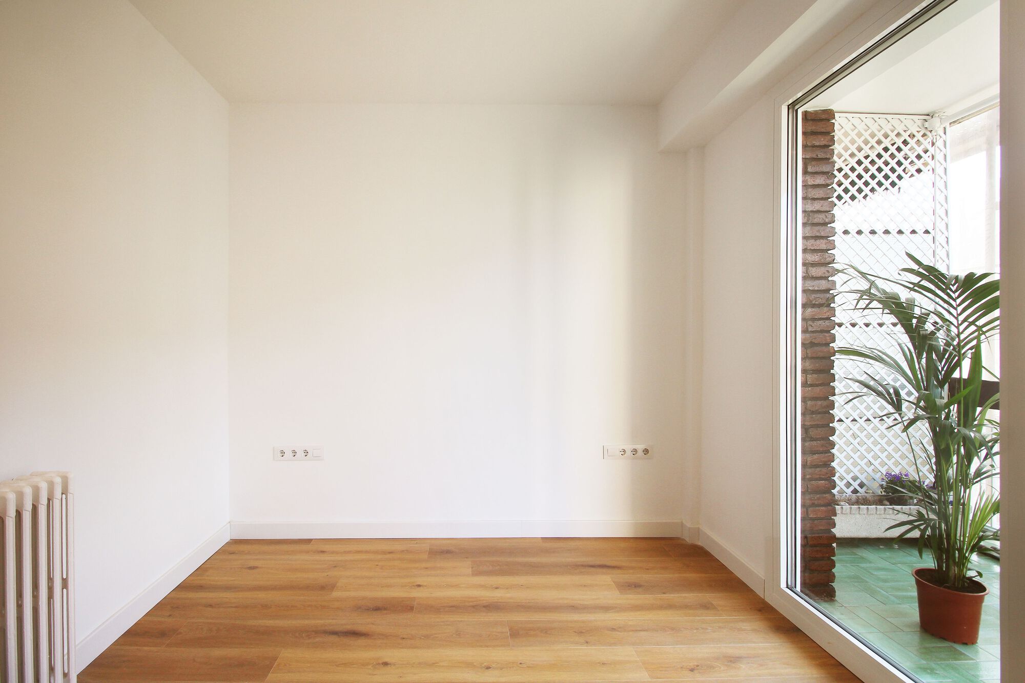 Empty white-walled room with timber flooring and door to balcony with lattice screen and plant