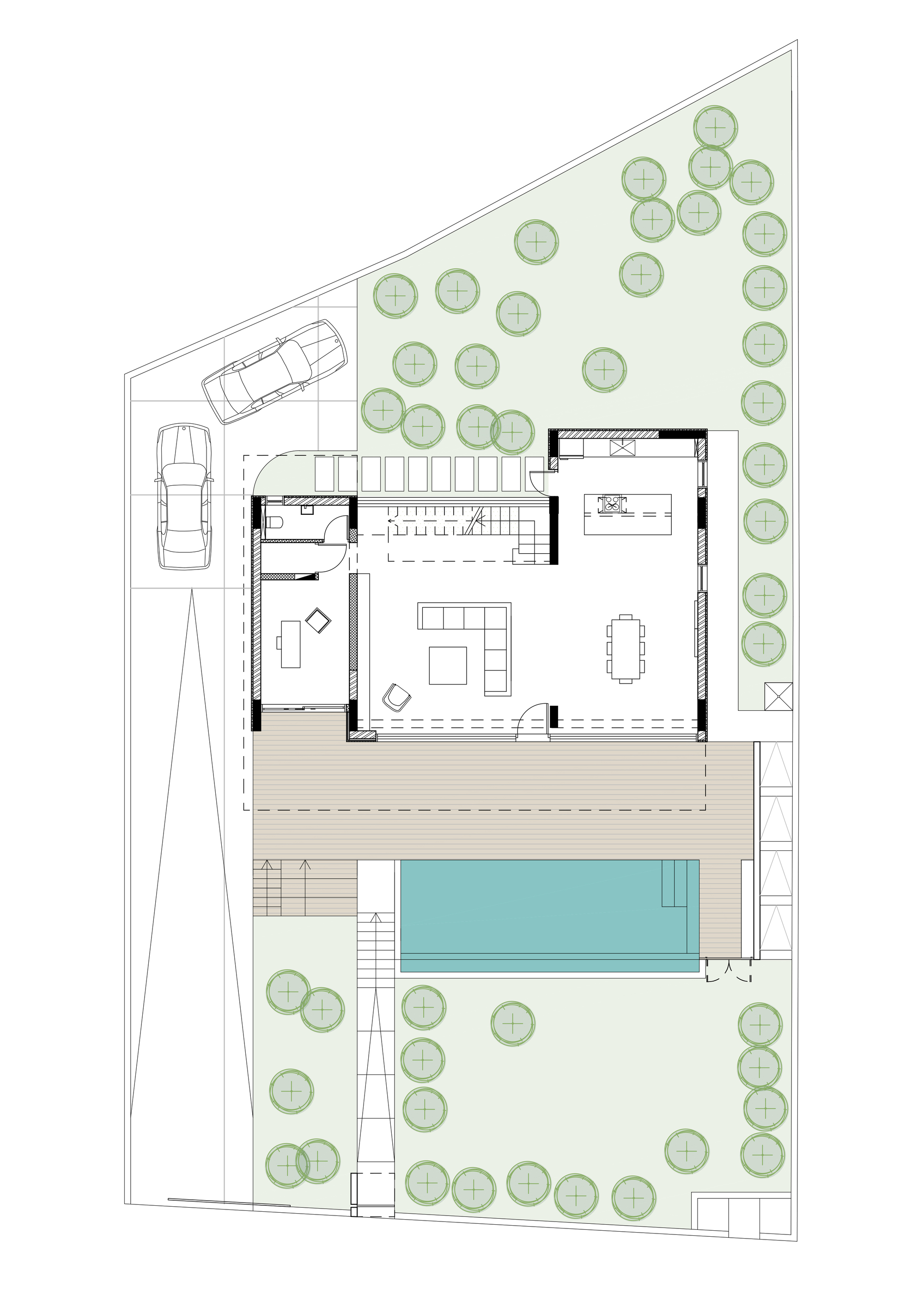 Site plan drawing showing the residence with pool deck and surrounding landscaped areas