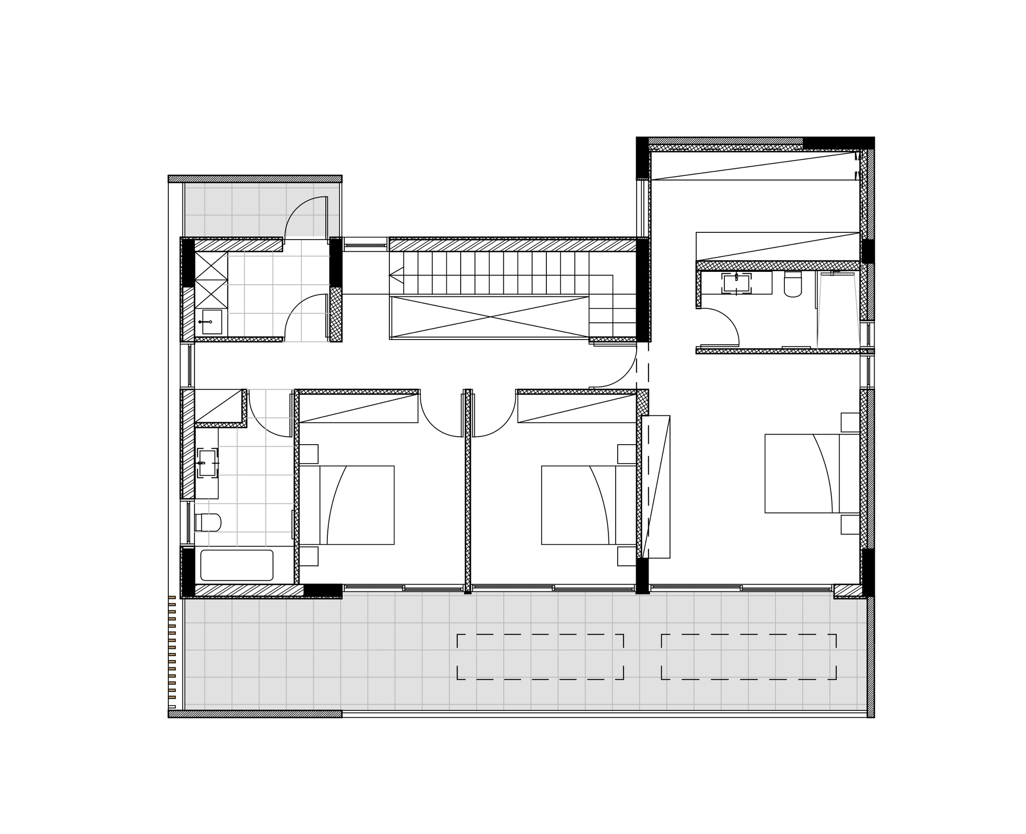 Floor plan drawing depicting the upper level with bedrooms and a central staircase