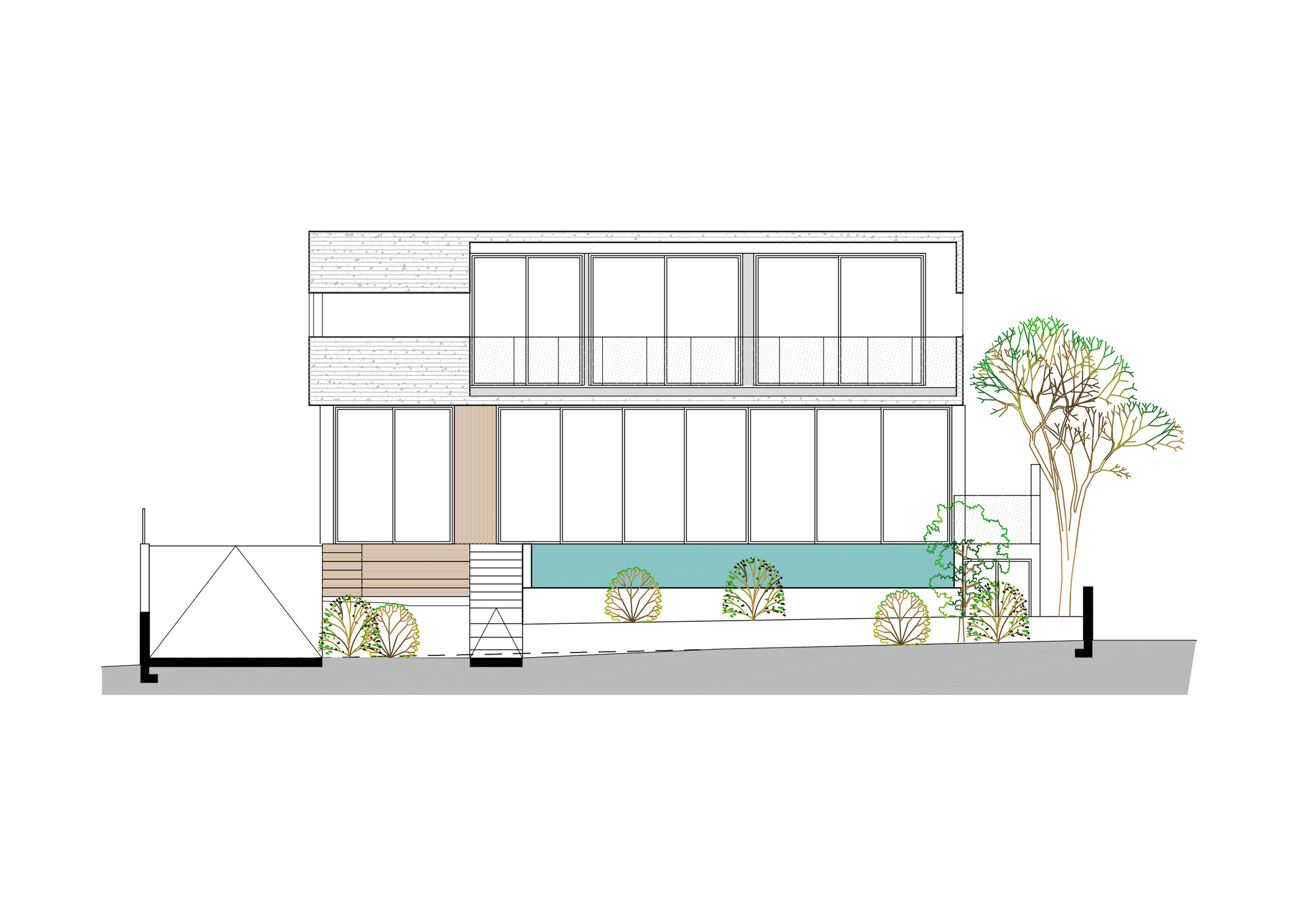 Section drawing showing the two-story glazed facade with pool terrace and planted vegetation