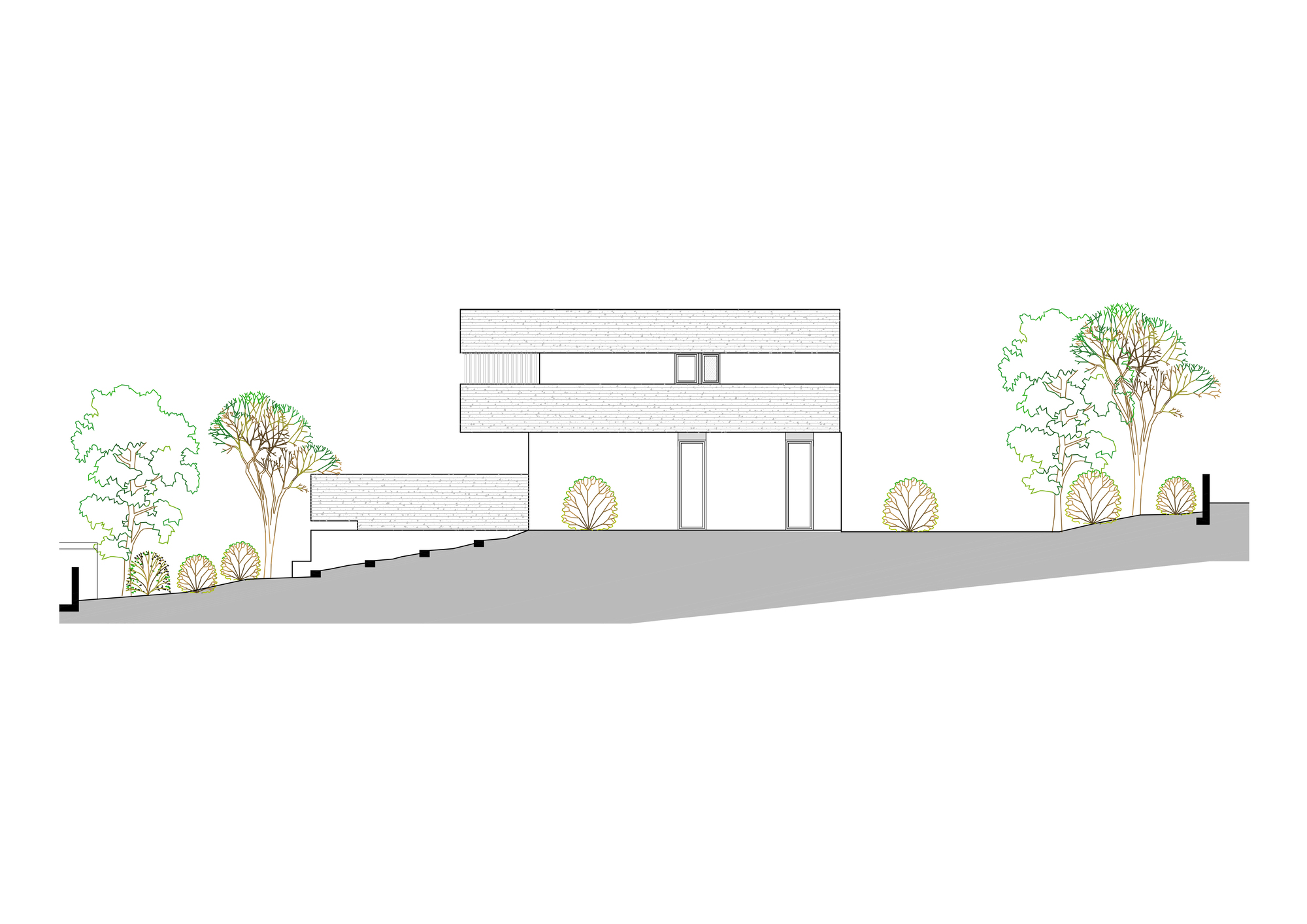 Elevation drawing showing the stacked volumes on an incline with landscape plantings