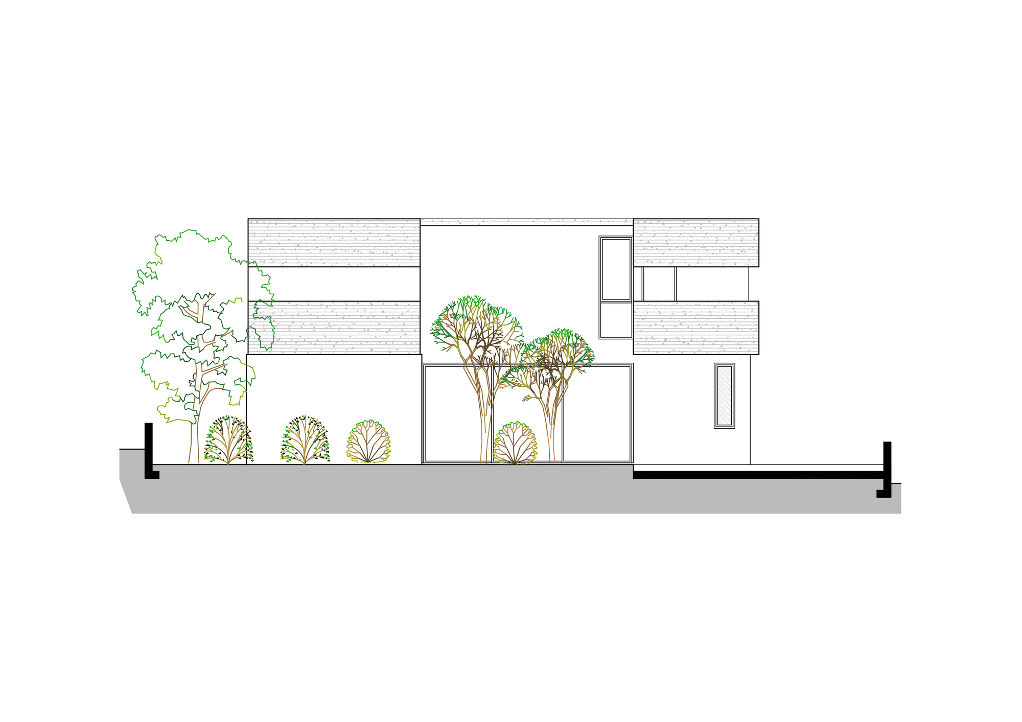 Section drawing showing a two-storey structure with planted trees along the ground plane