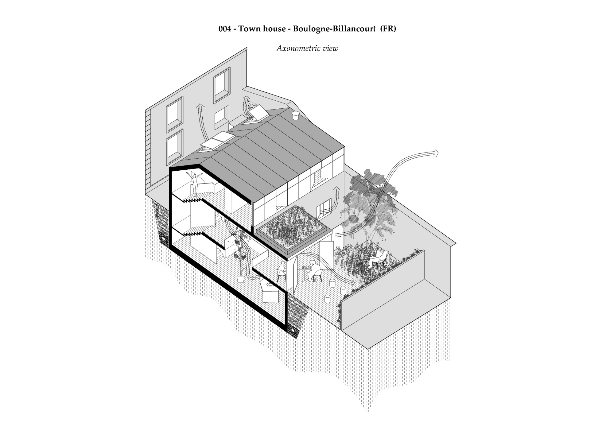 Axonometric drawing showing sectional cut through townhouse with courtyard and adjacent structures
