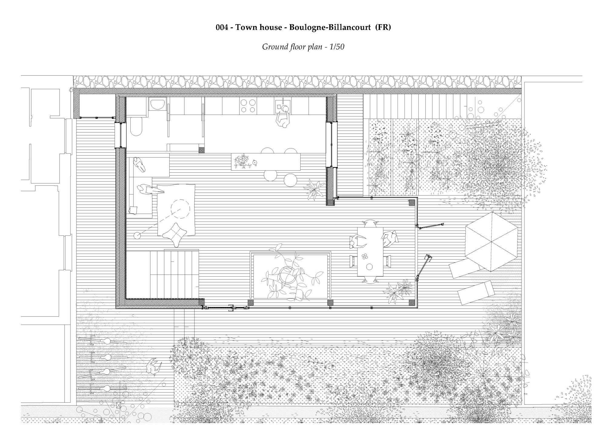 Ground floor plan drawing revealing central staircase surrounded by living spaces and exterior garden zones