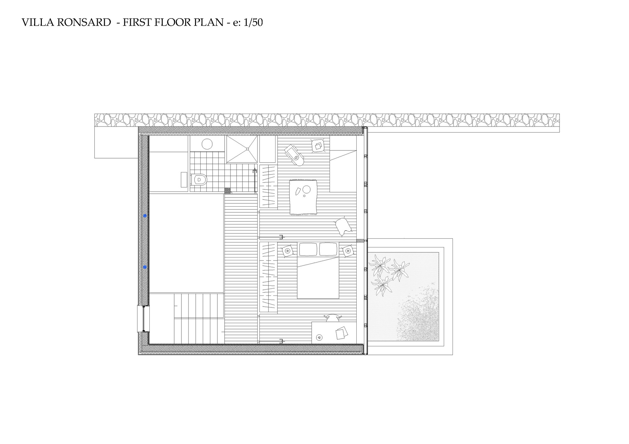 First floor plan drawing depicting bedroom layout with central stair void and terrace opening