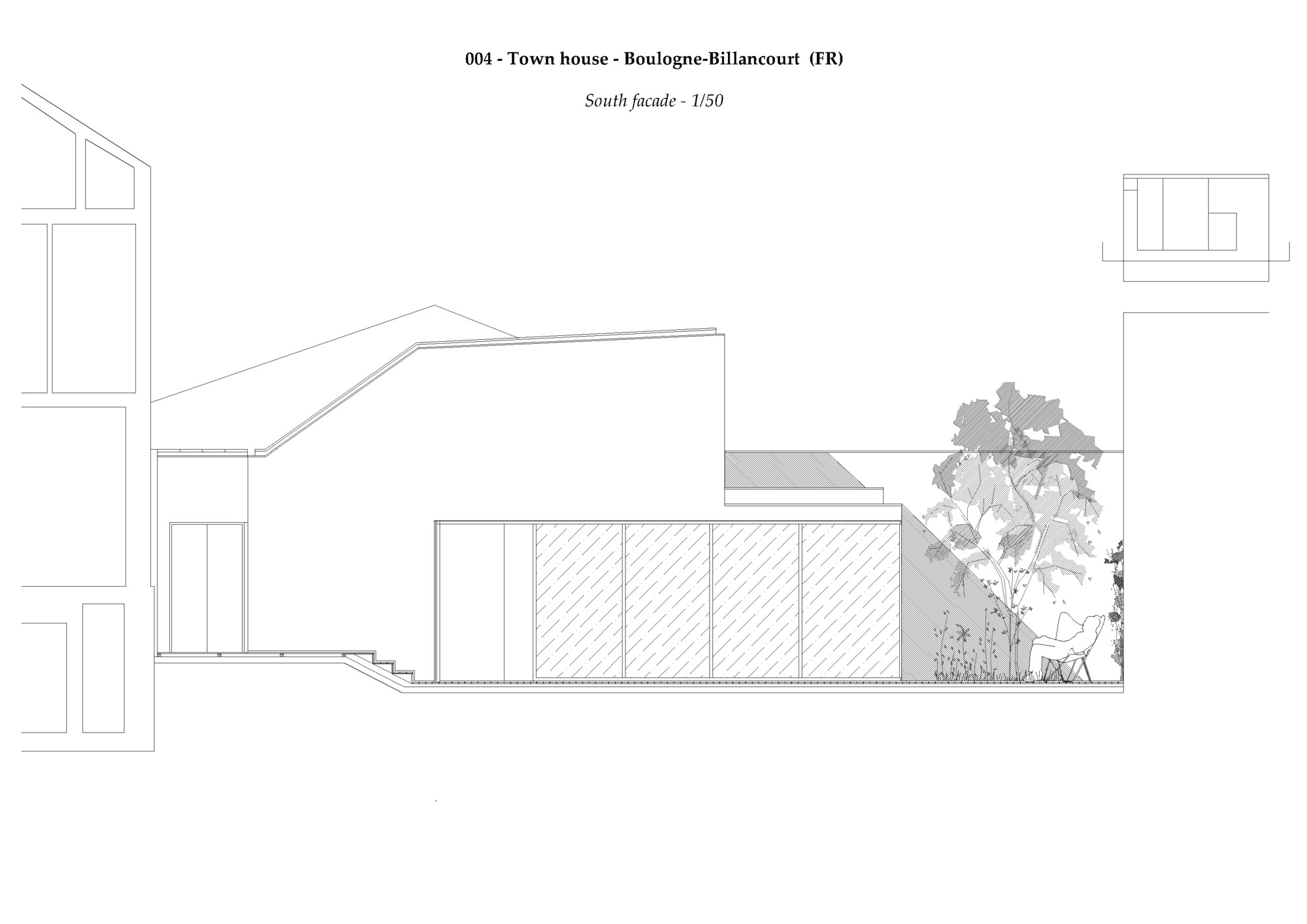 South facade elevation drawing showing volumes with hatched cladding and a tree on the right