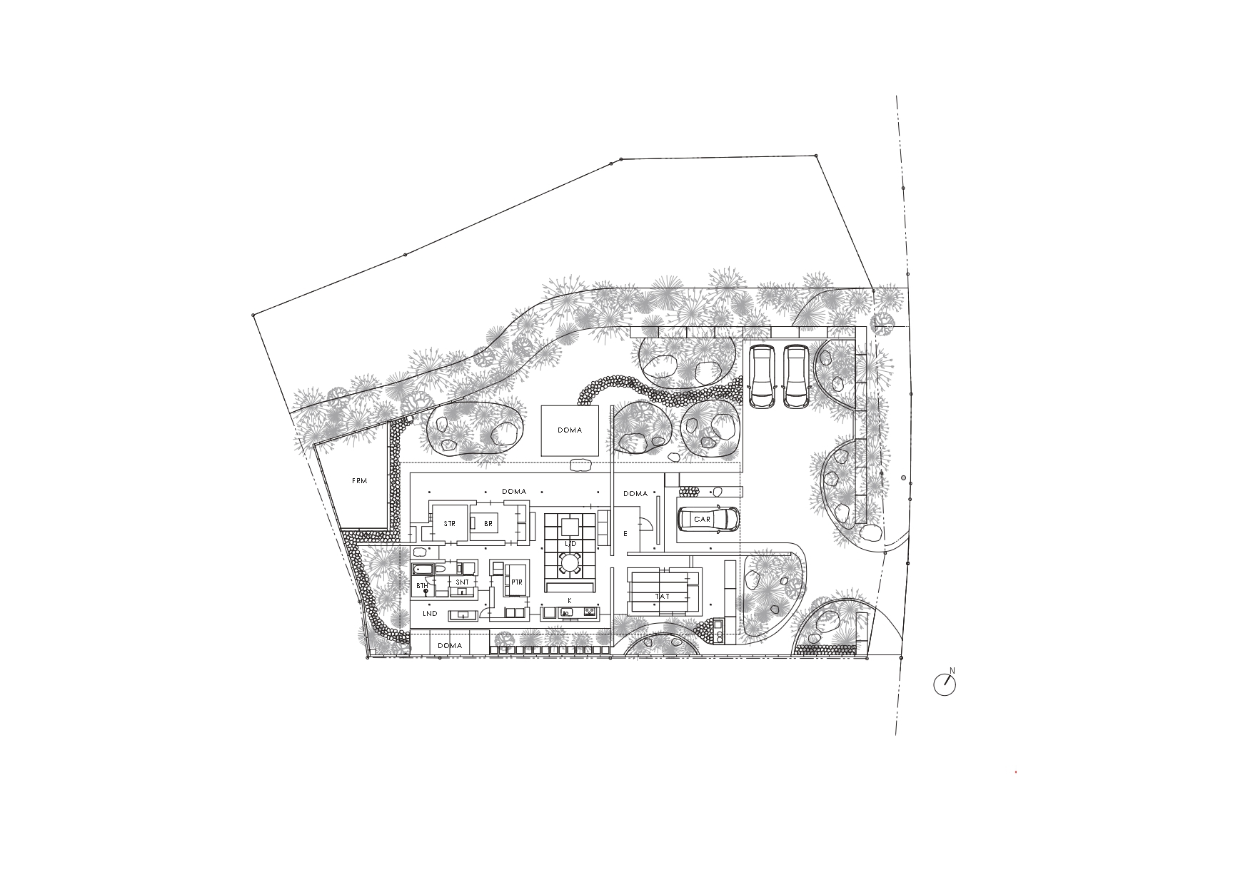 Site plan drawing showing a house with landscaped gardens and parking at the perimeter of the plot