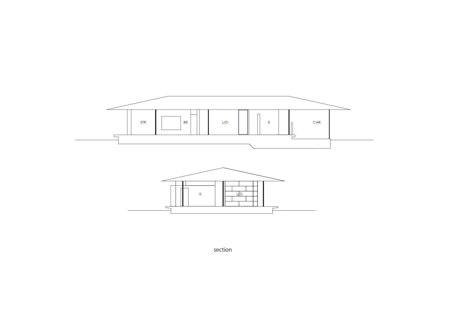 Section drawings revealing interior room divisions and ceiling heights beneath the gabled roof form