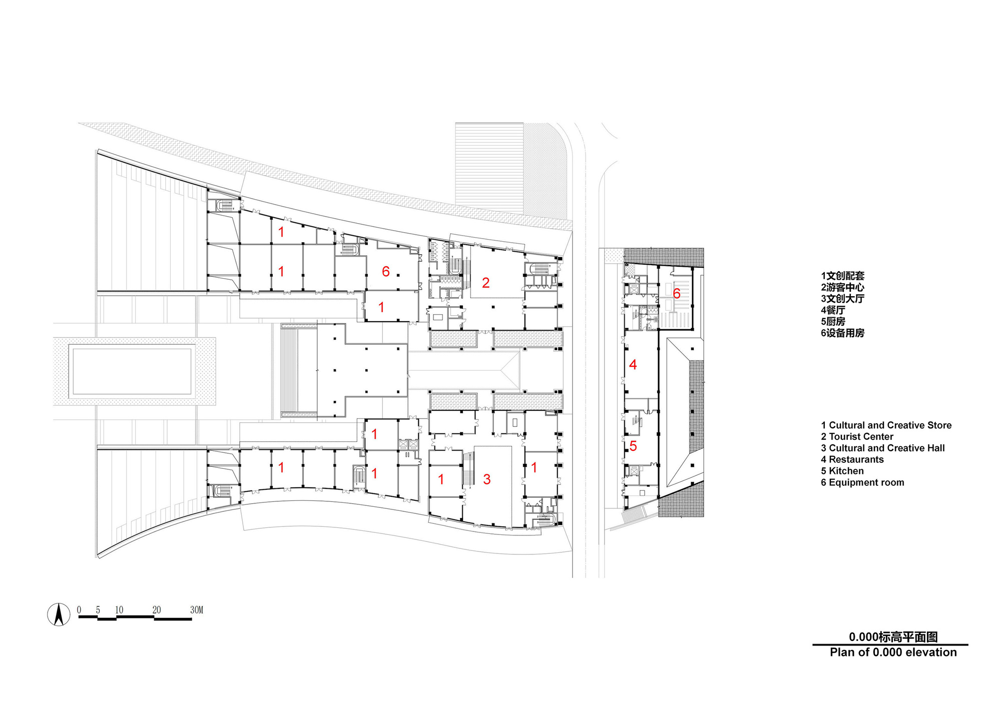 Floor plan drawing at ground level showing cultural store and hall spaces with curved exterior wall
