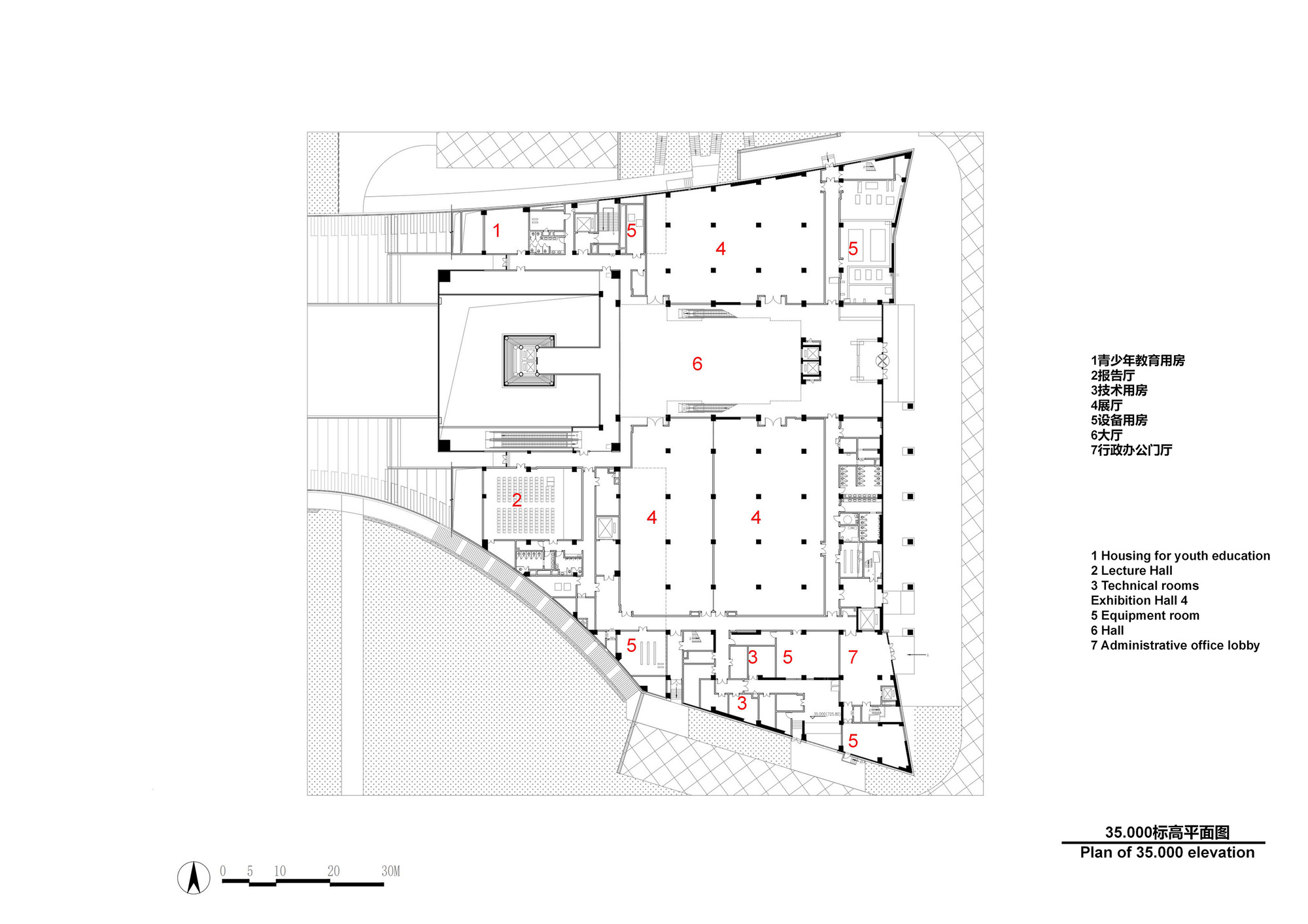 Floor plan drawing showing a multi-winged layout with exhibition halls and support spaces around courtyards