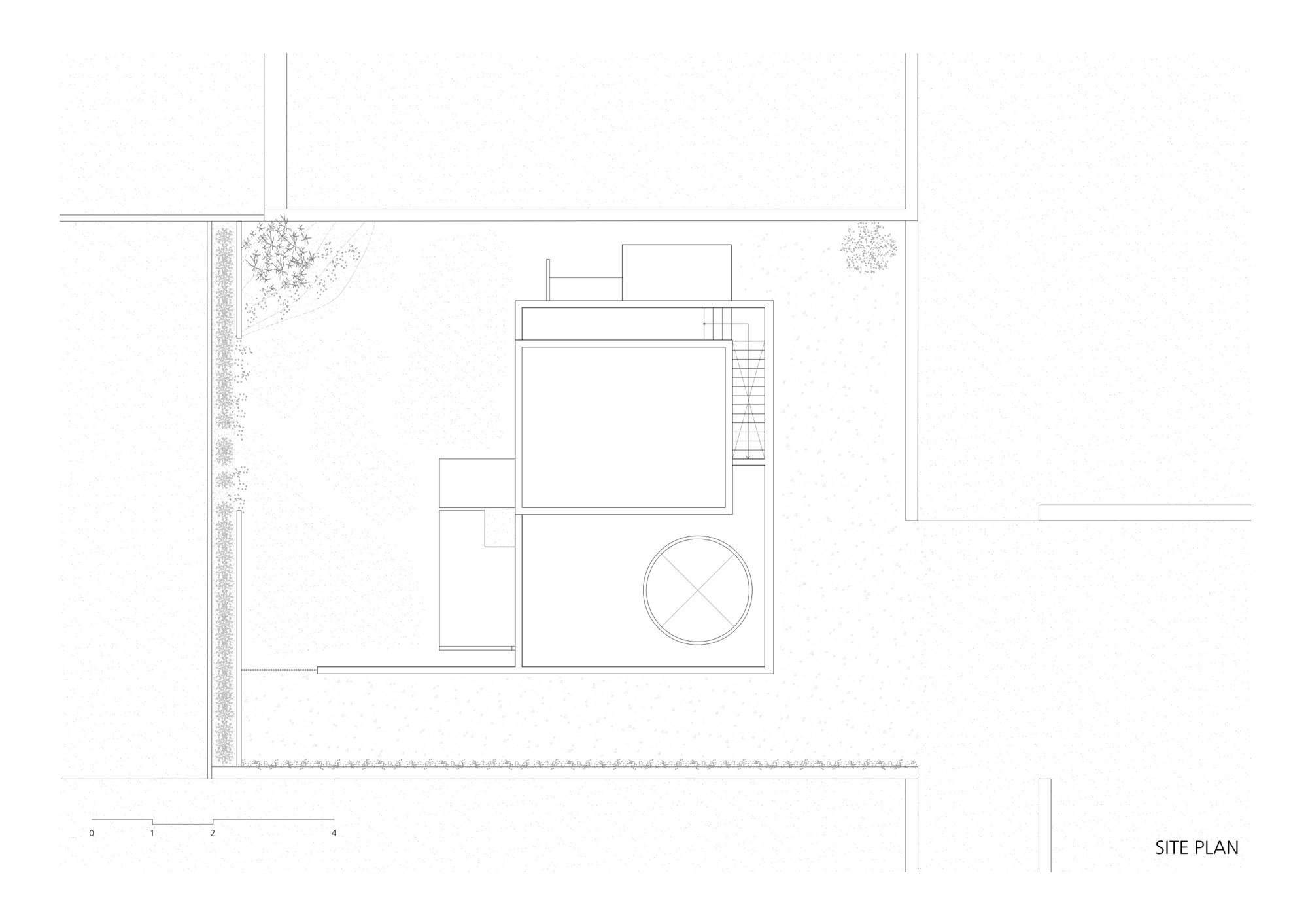 Site plan drawing showing rectangular volumes with circular element and perimeter planting