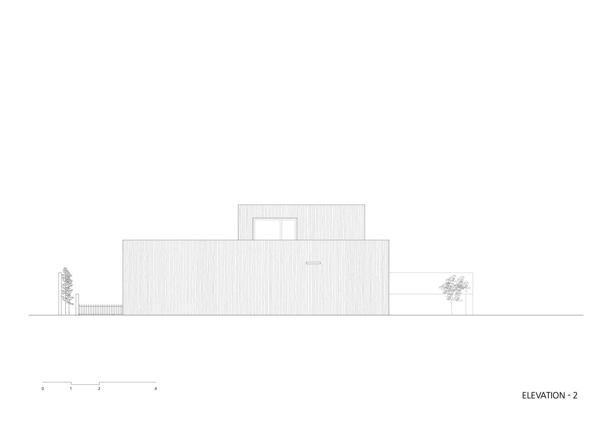 Elevation drawing showing the rear facade with stepped massing and flanking trees