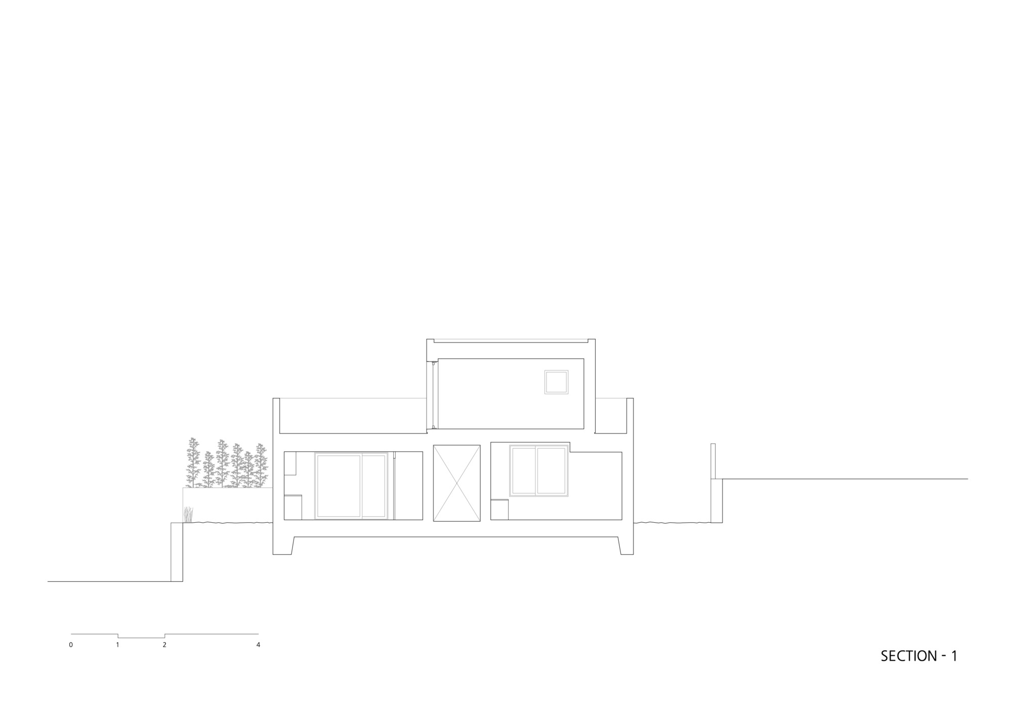 Section drawing showing interior room divisions across two levels with adjacent trees