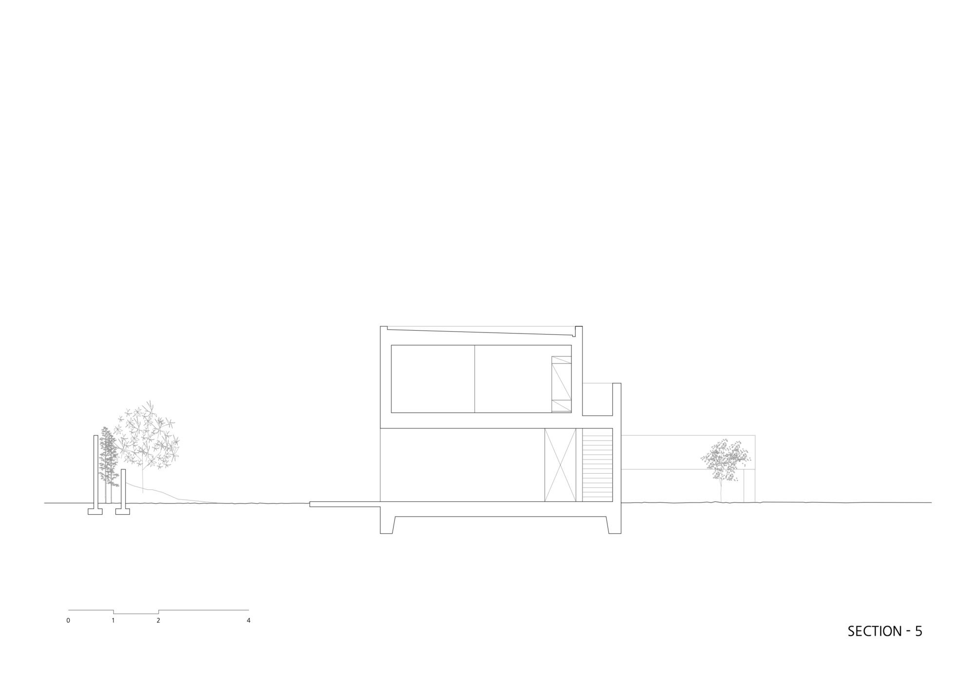 Section drawing illustrating a compact two-story volume elevated on pilotis with adjacent vegetation