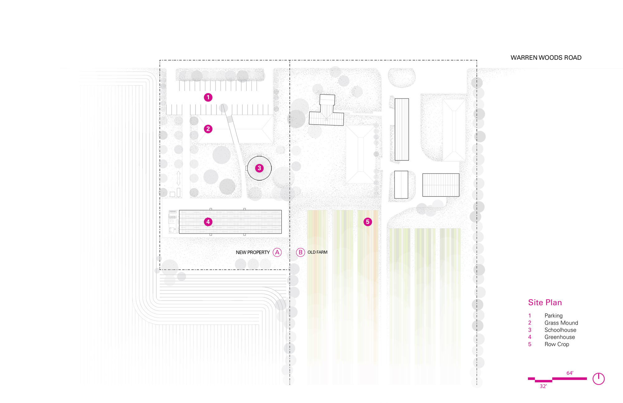 Site plan drawing showing parking area, grass mound, greenhouse, and row crop field layouts