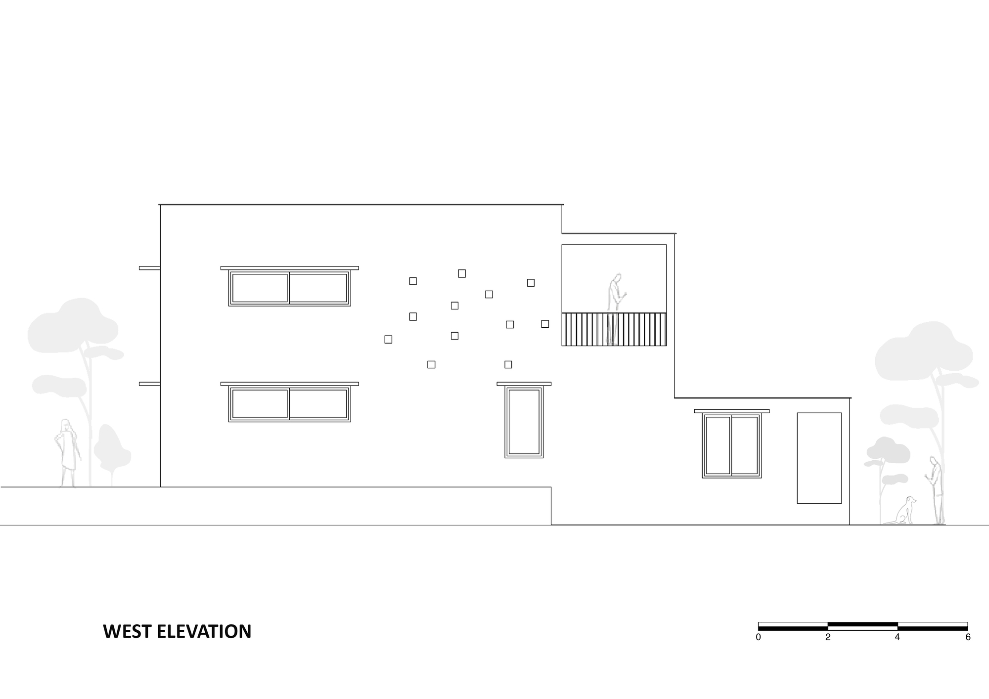 West elevation drawing showing a two-story facade with horizontal windows and a screened balcony