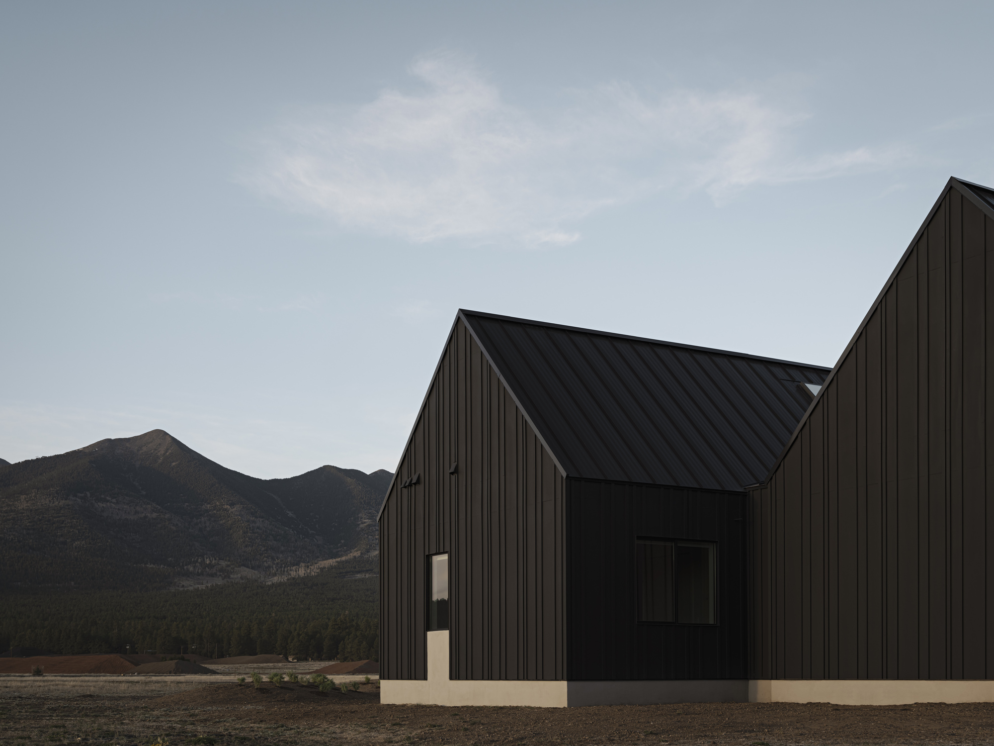 Articulated gable roofline with vertical black cladding and concrete base against mountain backdrop