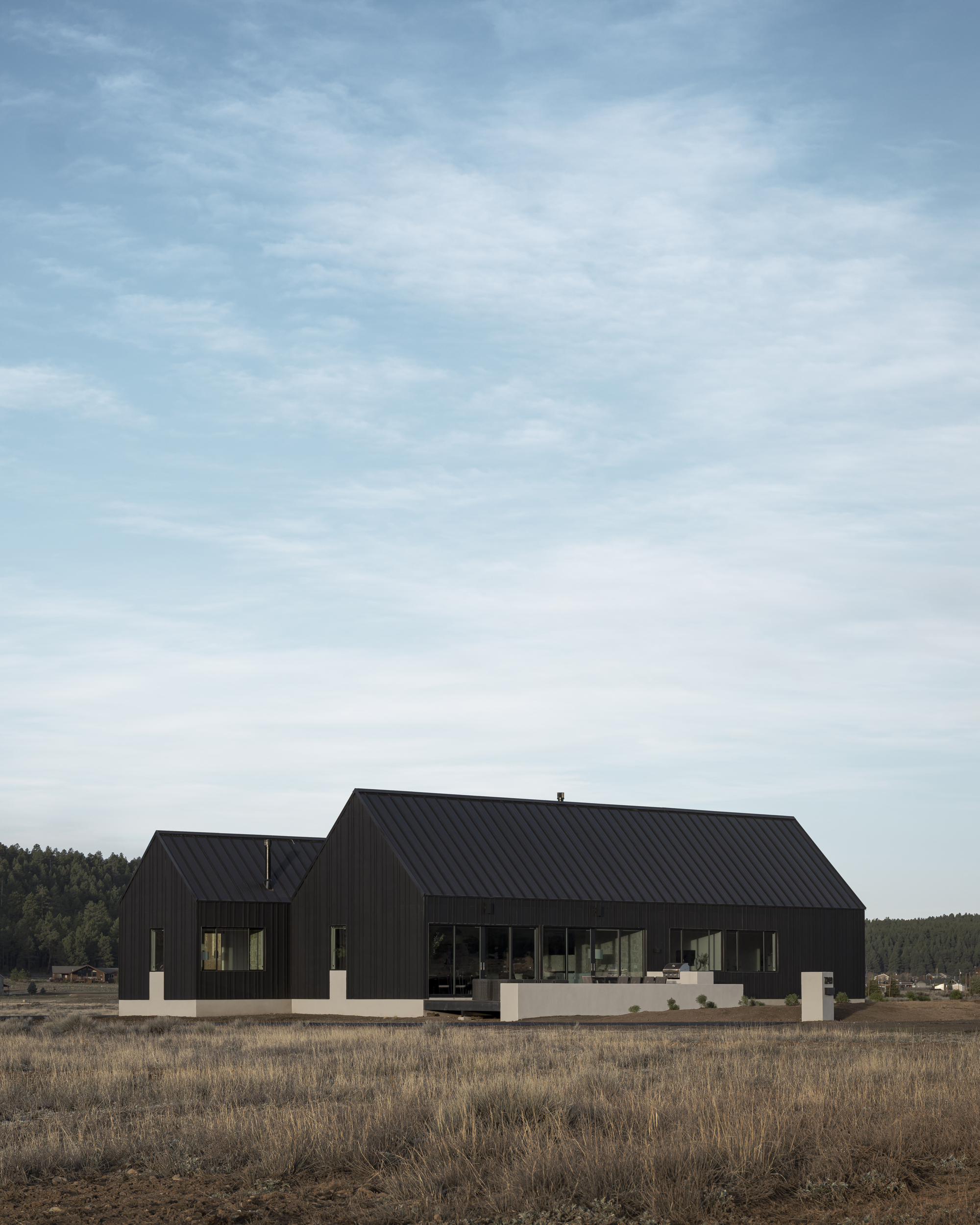 Black corrugated metal cladding and concrete plinth anchoring the gabled volumes in a dry grassland
