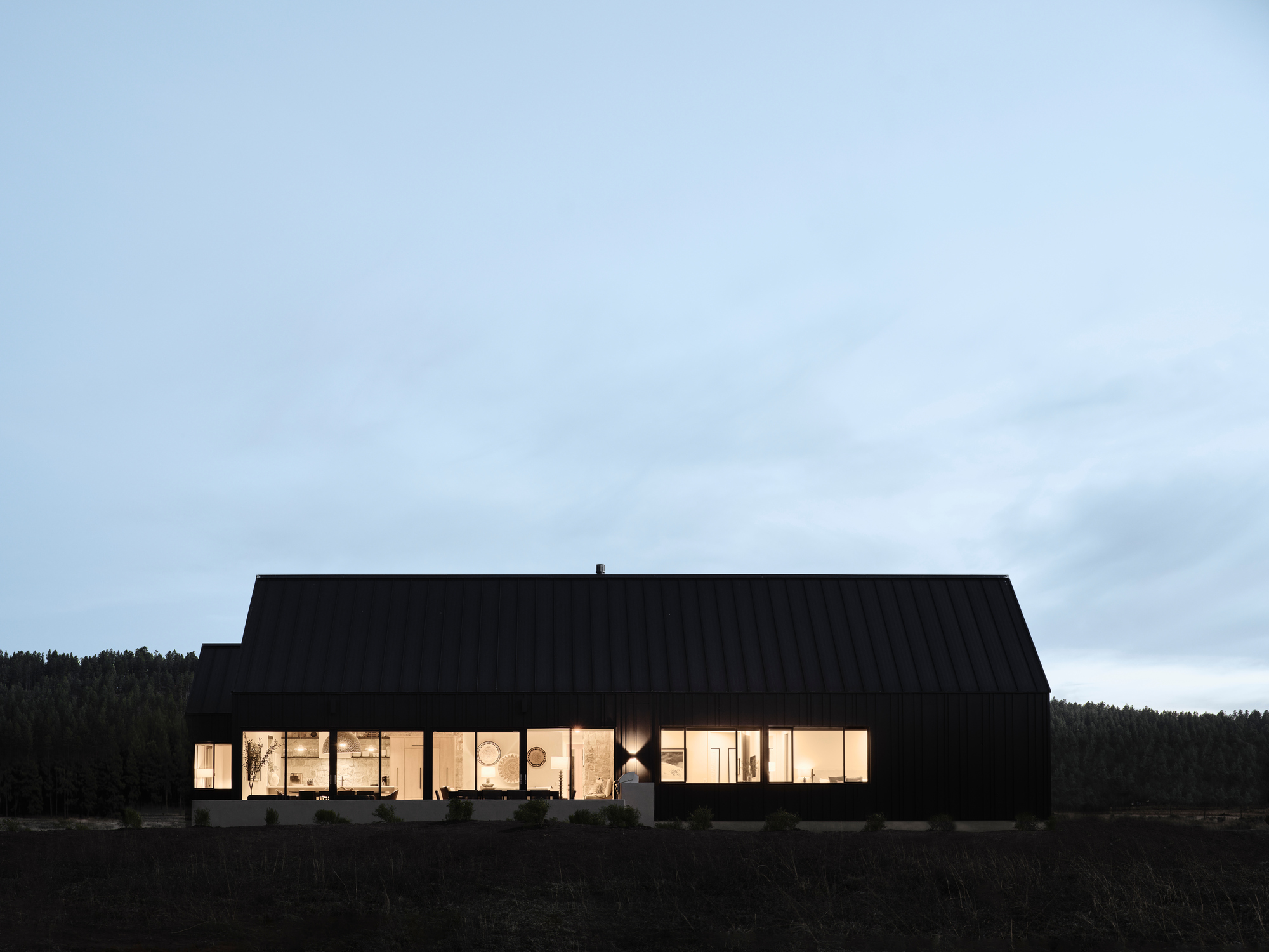 Glazed facade illuminated at night revealing the timber-lined interior and forest backdrop