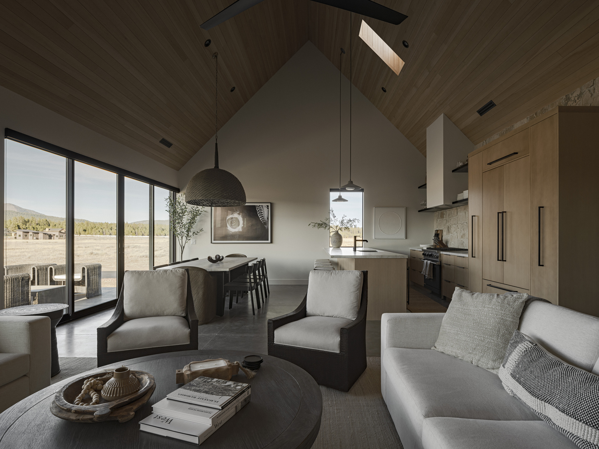 Open living and dining space with vaulted timber ceiling and glazed wall overlooking a field