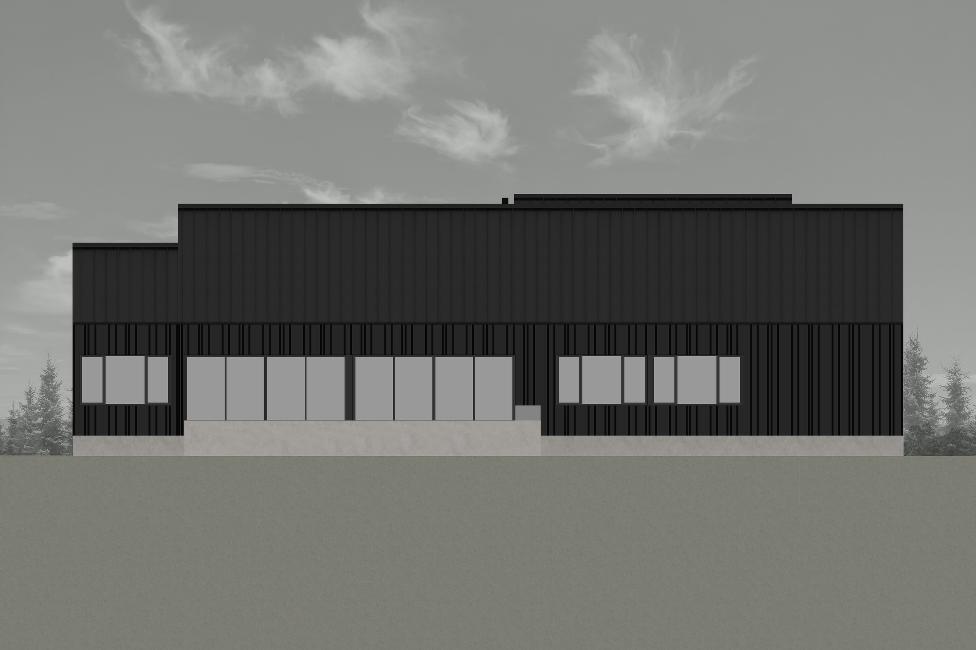 This architectural image showcases a modern, minimalist building with a striking black facade and a flat roof. The design emphasizes clean lines and geometric f