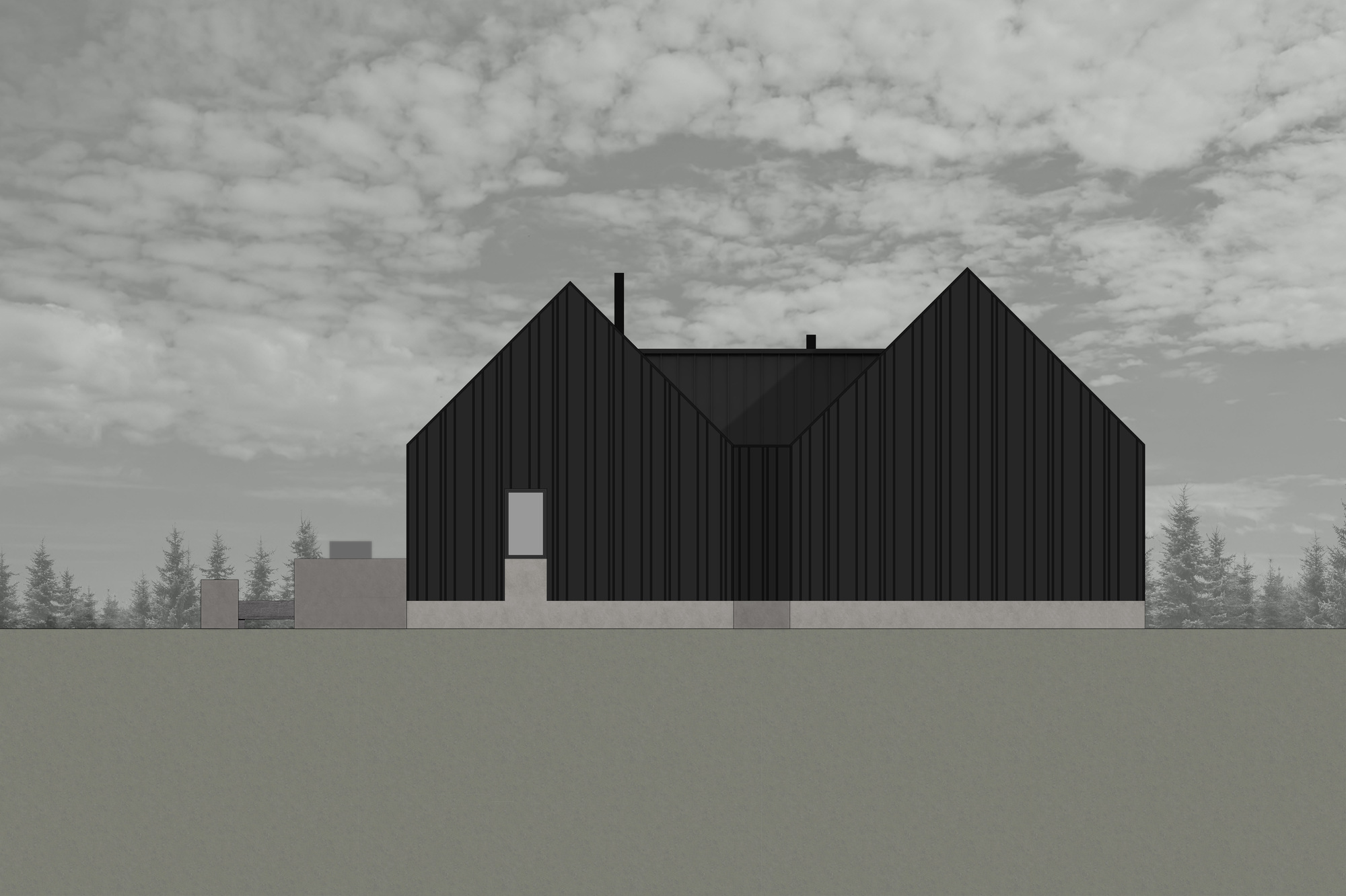 Elevation drawing showing twin gabled volumes clad in dark vertical siding beneath an overcast sky