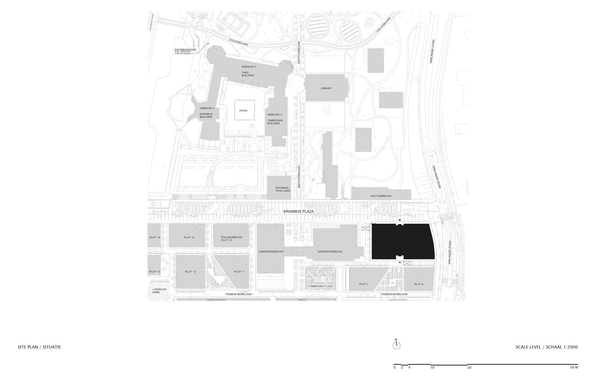 Site plan drawing showing building footprints and circulation paths within the surrounding urban block