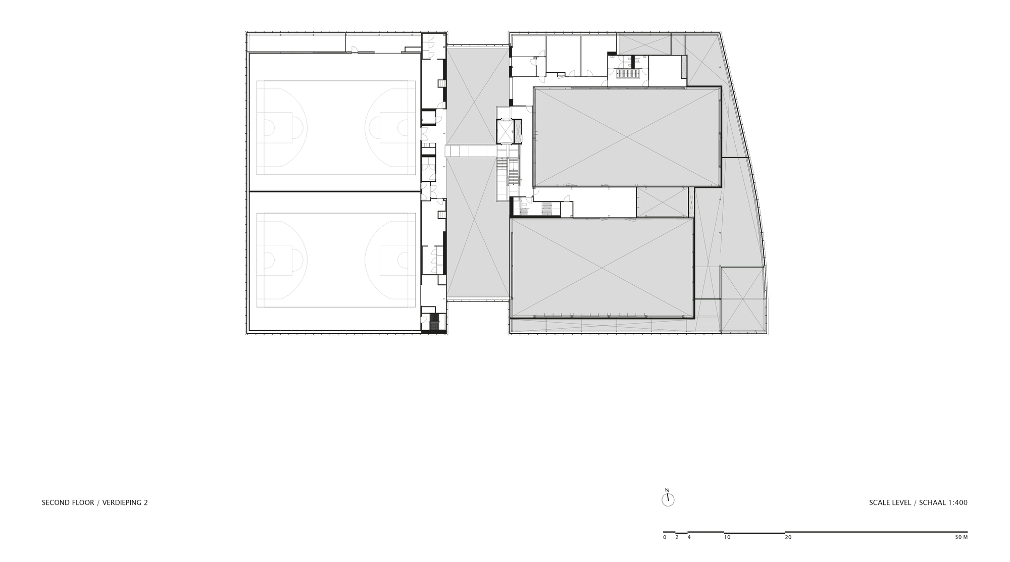 Second floor plan drawing showing two sports courts and a central circulation spine