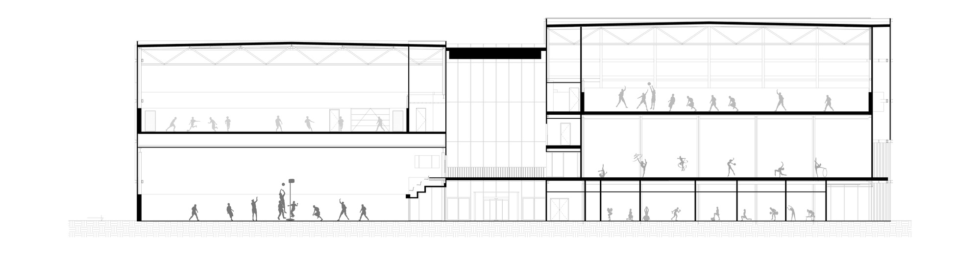 Section drawing showing split-level interior spaces with figures populating galleries and circulation areas