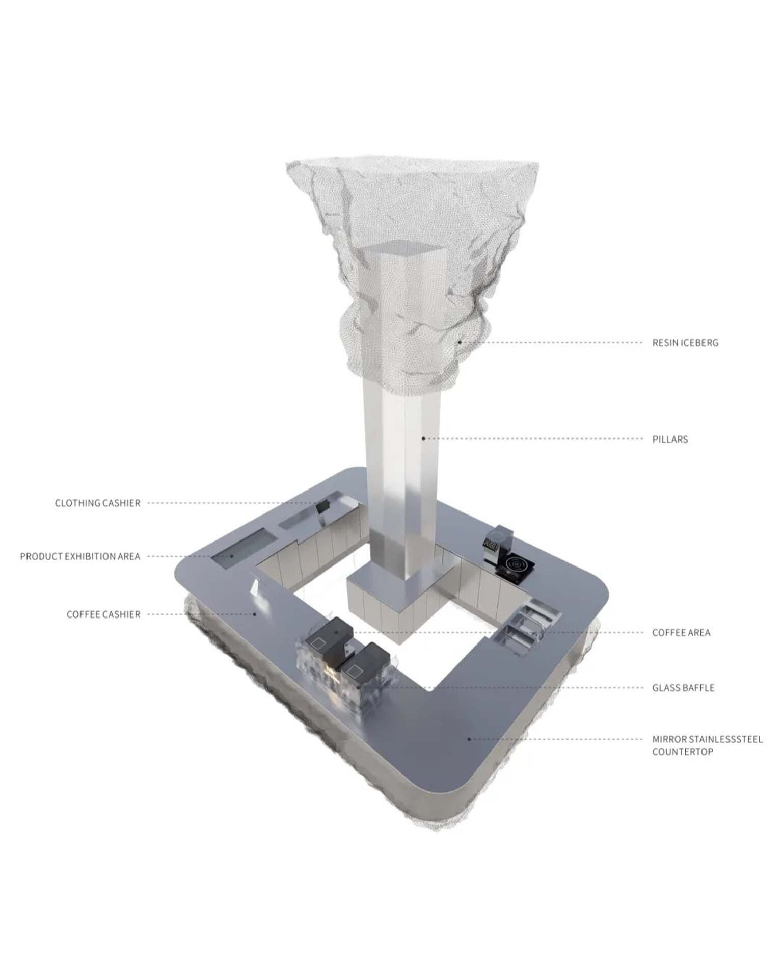 Axonometric drawing showing central column wrapped in textured resin iceberg form above retail floor