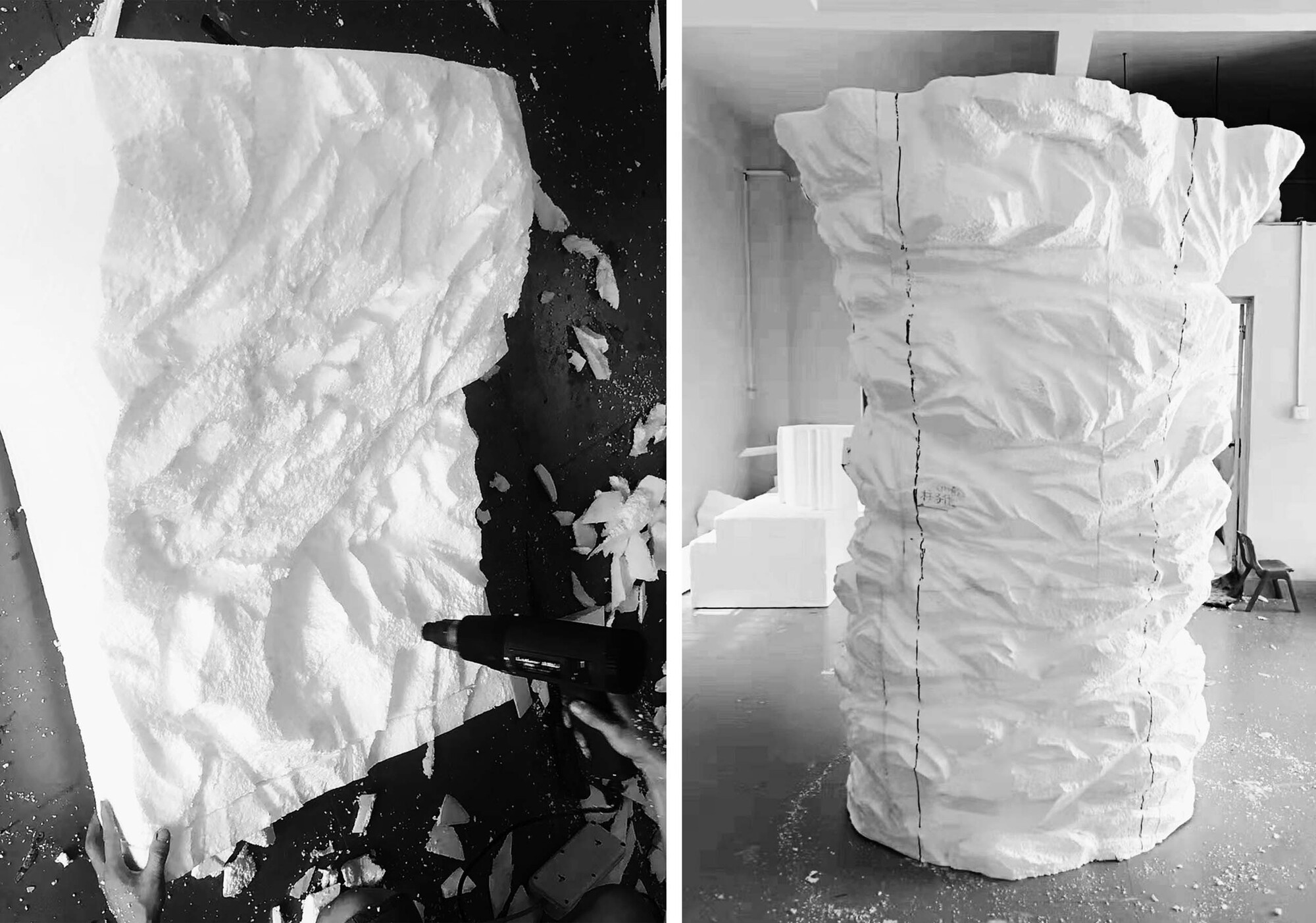 Two views of a white foam column mockup showing rough carved texture and assembly markings