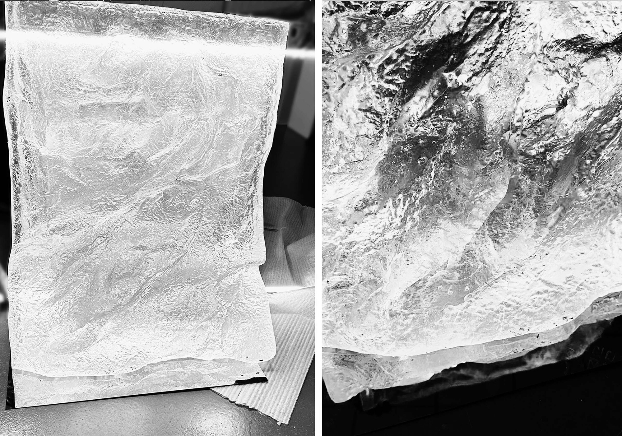 Close-up of translucent resin samples with swirling marbled patterns and air bubbles