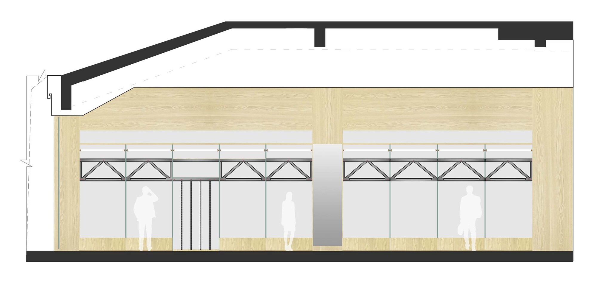 Section drawing showing timber-lined interior with clerestory windows and triangular steel trusses above