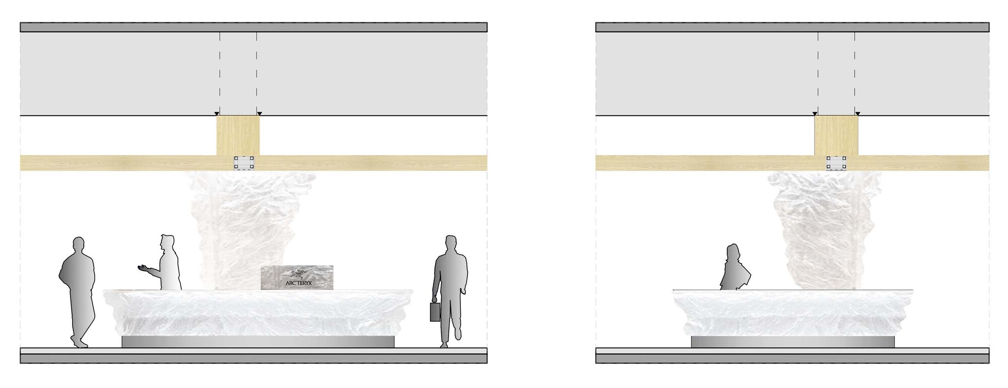 Section drawings showing interior spaces with human figures beneath layered ceiling assemblies and timber beams