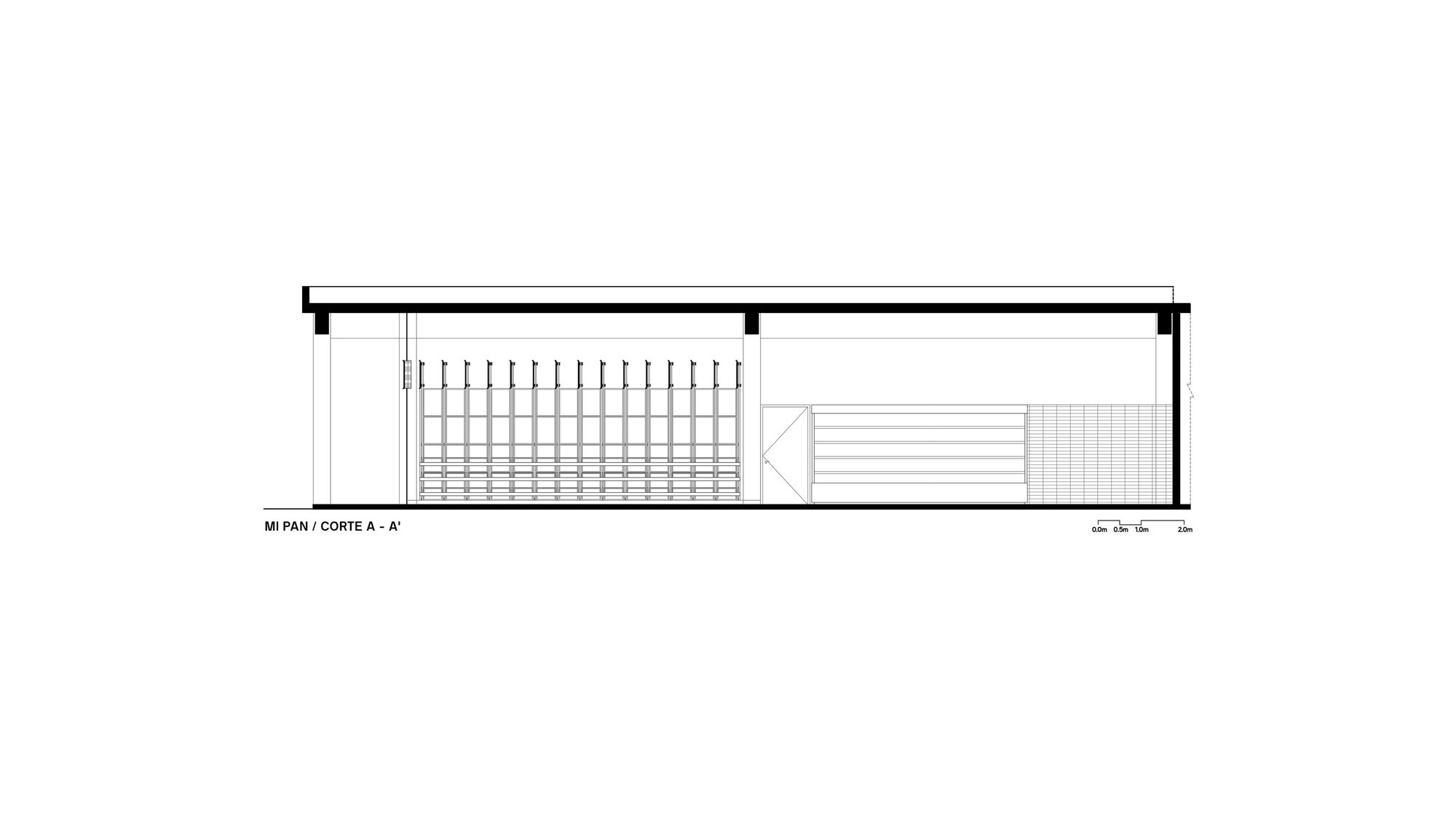 Section drawing revealing interior spatial division with slatted screening and exposed structural beam