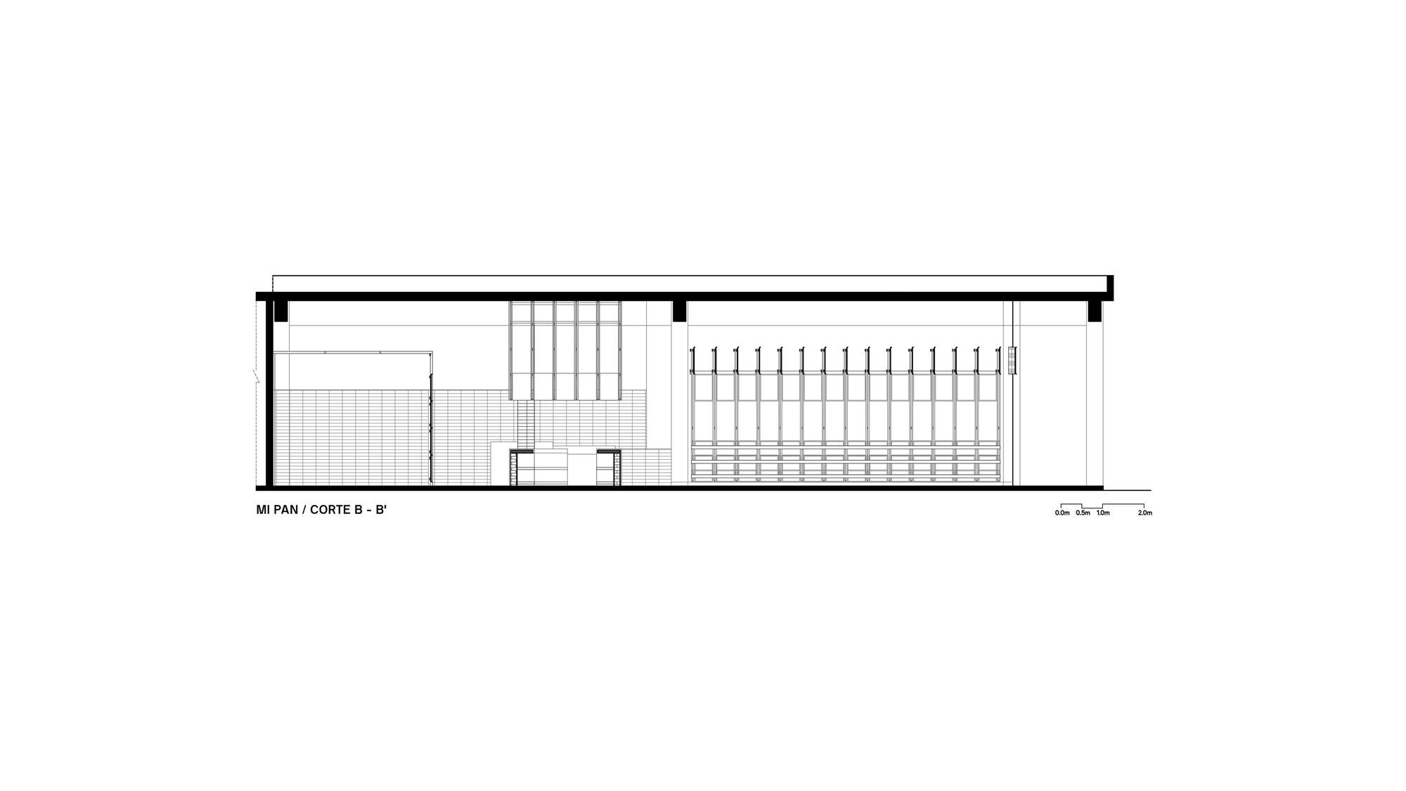 Section drawing displaying interior volumes with vertical slat partition and clerestory opening above