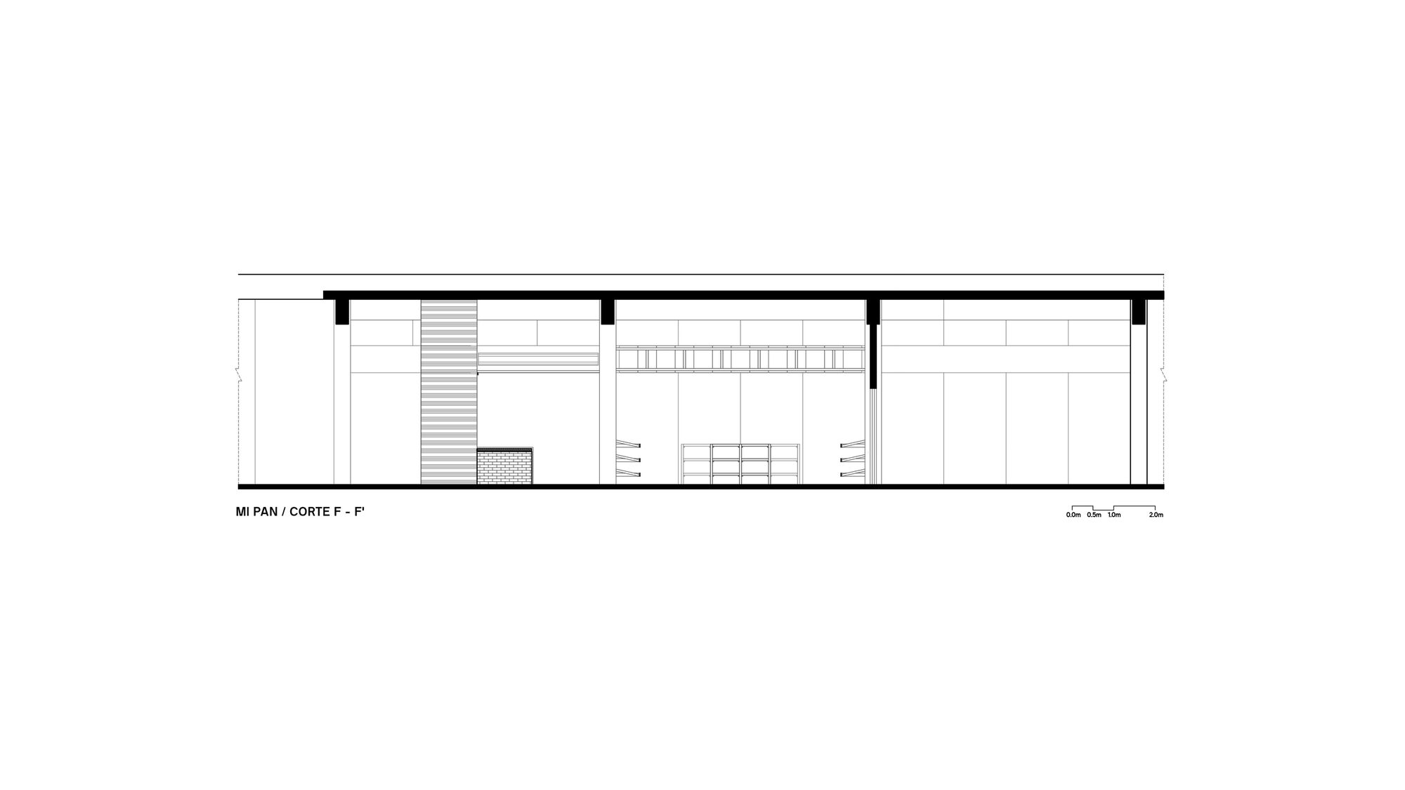 Section drawing showing varied ceiling heights with slatted screens and open plan arrangement