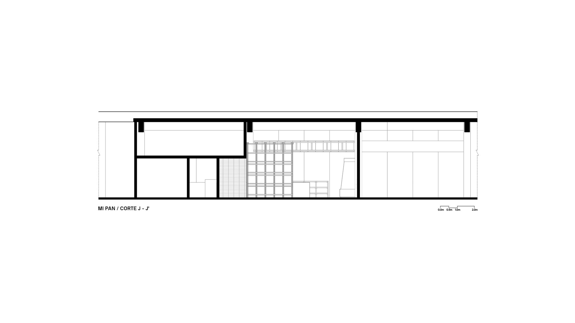 Section drawing illustrating spatial composition with gridded screening element and linear partition walls
