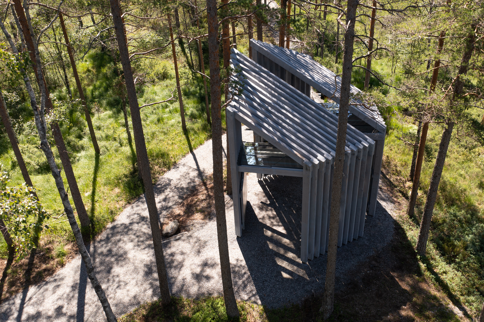 Aerial view of the faceted timber roof planes and gravel clearing between standing pine trees