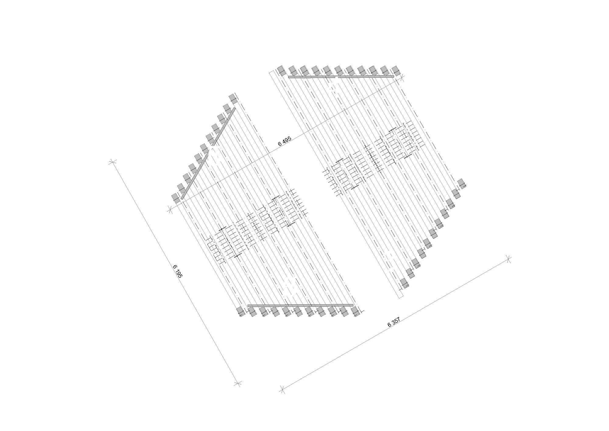 Axonometric drawing showing two gabled volumes with parallel slatted roof structures and interior cores