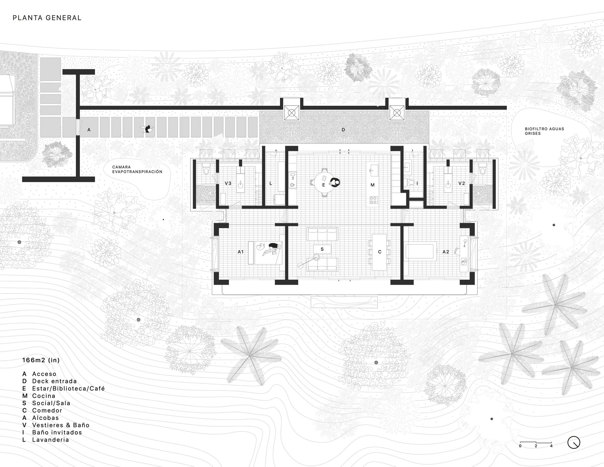 Floor plan drawing showing residential layout with deck, living spaces, and surrounding vegetation patterns