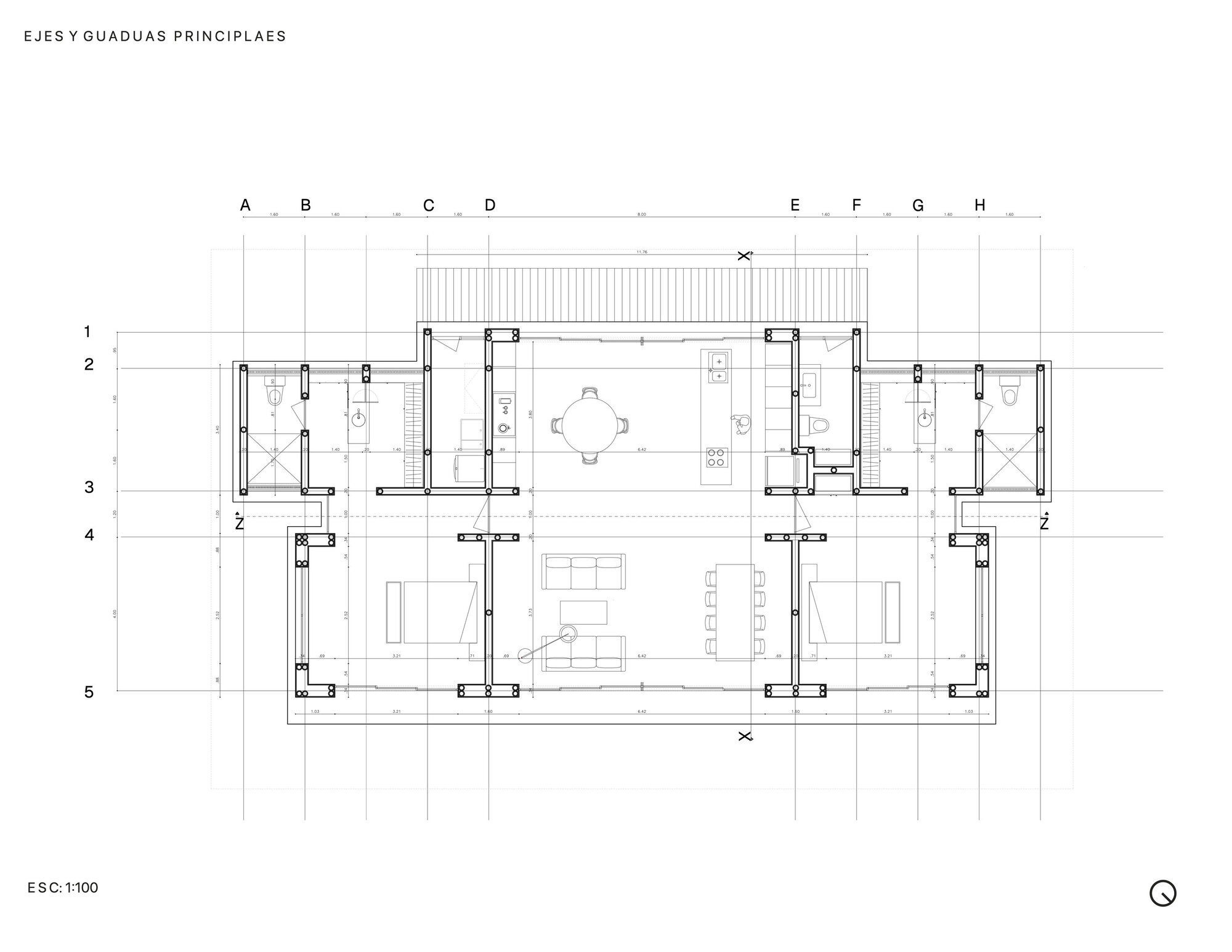 Structural plan drawing with grid axes showing column locations and central living area arrangement