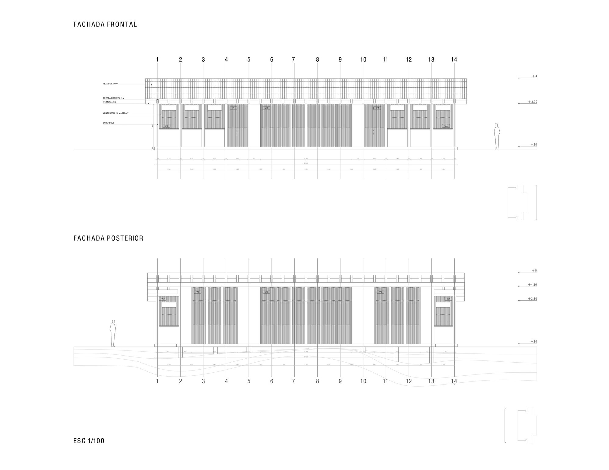 Front and rear elevation drawings showing modular facade with vertical screening and figure for scale