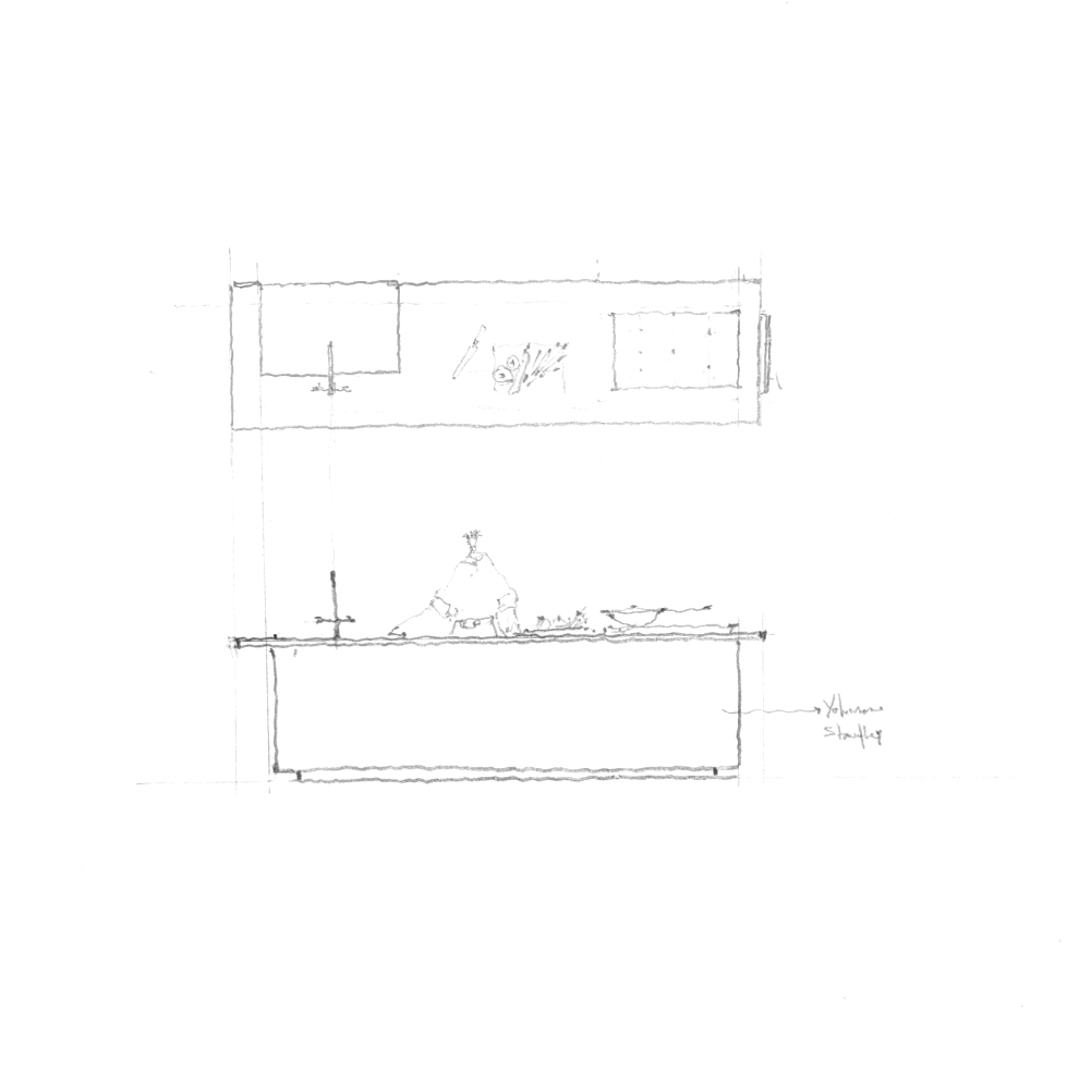 Sketch of section showing two rectangular volumes with courtyard containing seated figure and plantings