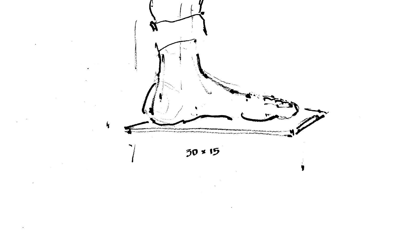 Freehand ink sketch of a seated figure with dimensional notation