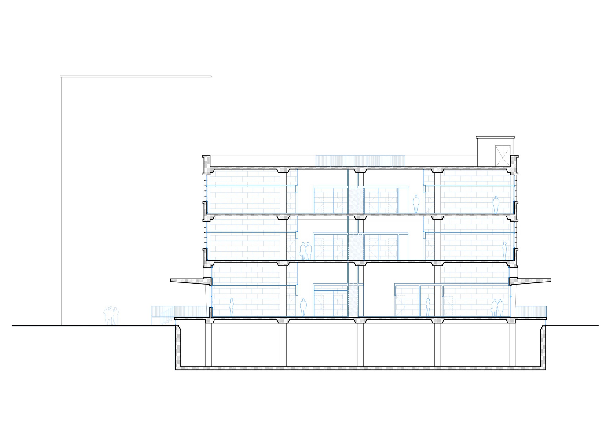 Section drawing revealing four levels with floor slabs, columns, and a basement below grade