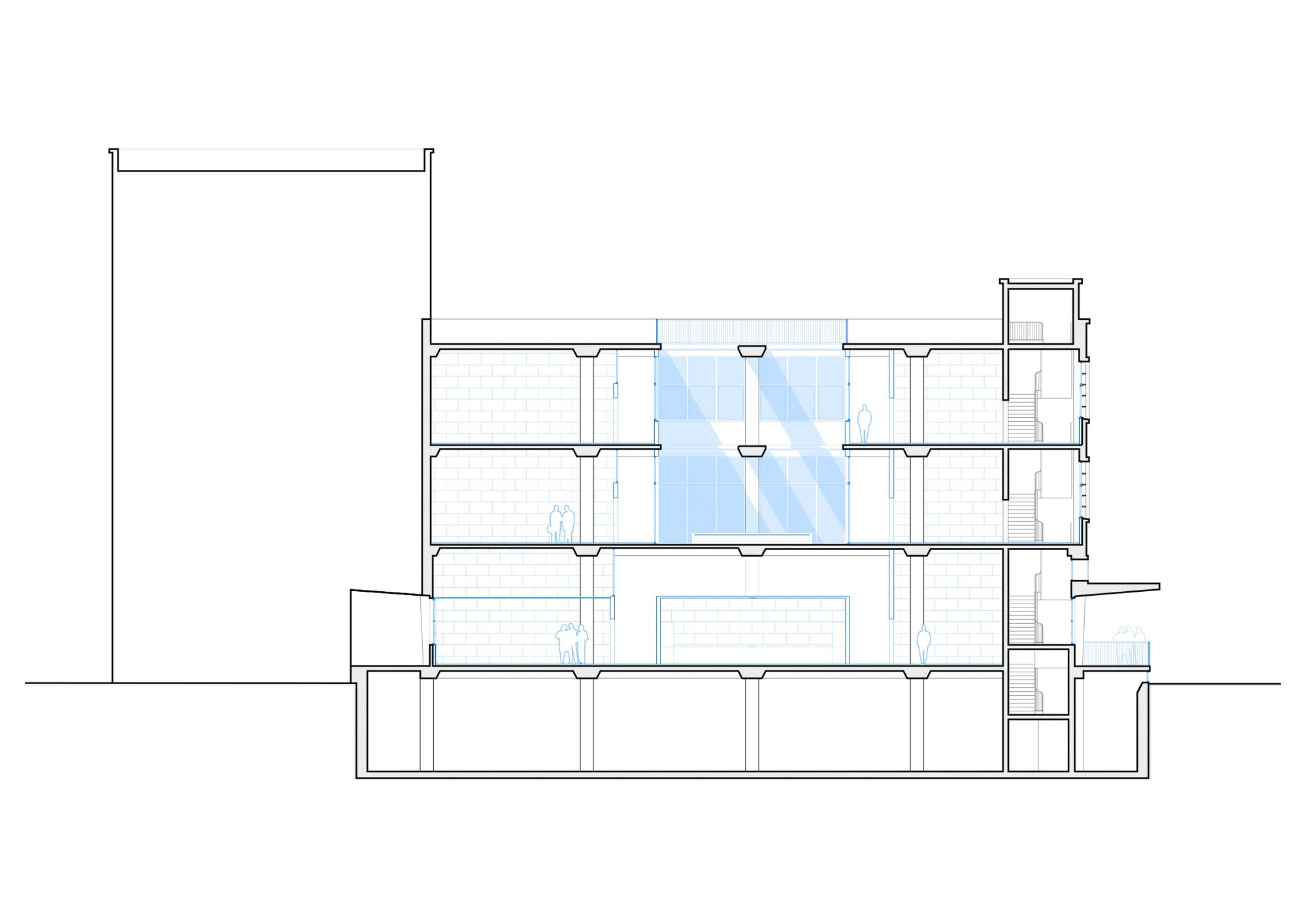 Section drawing showing interior spaces with a double-height blue glazed volume at center