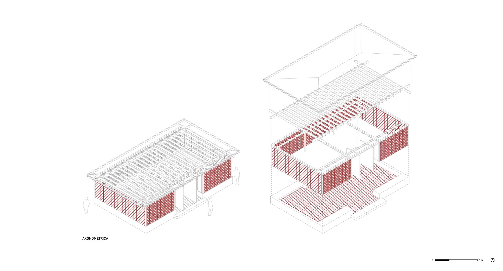 Axonometric drawing illustrating the layered construction with brick screen walls and exposed roof structure