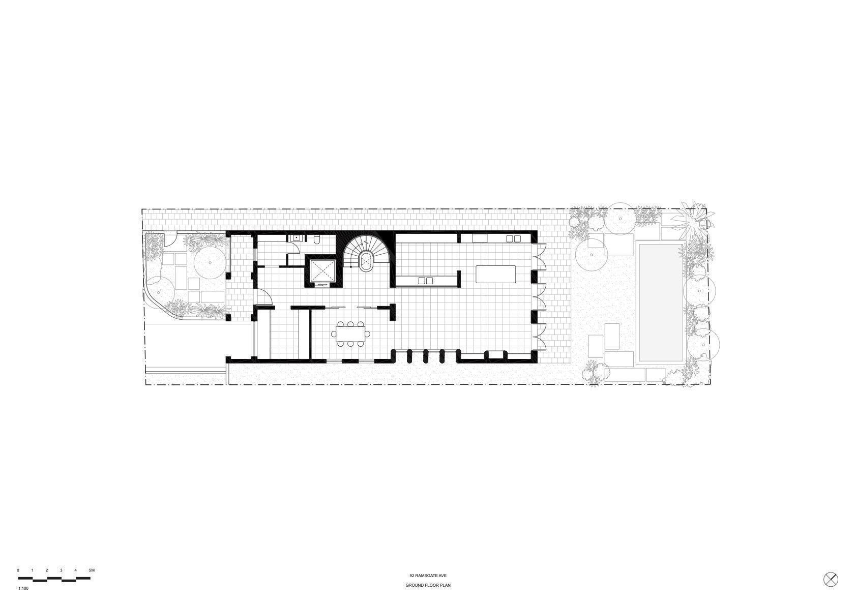 Ground floor plan showing elongated layout with oval stairwell, dining area, and planted courtyards at both ends